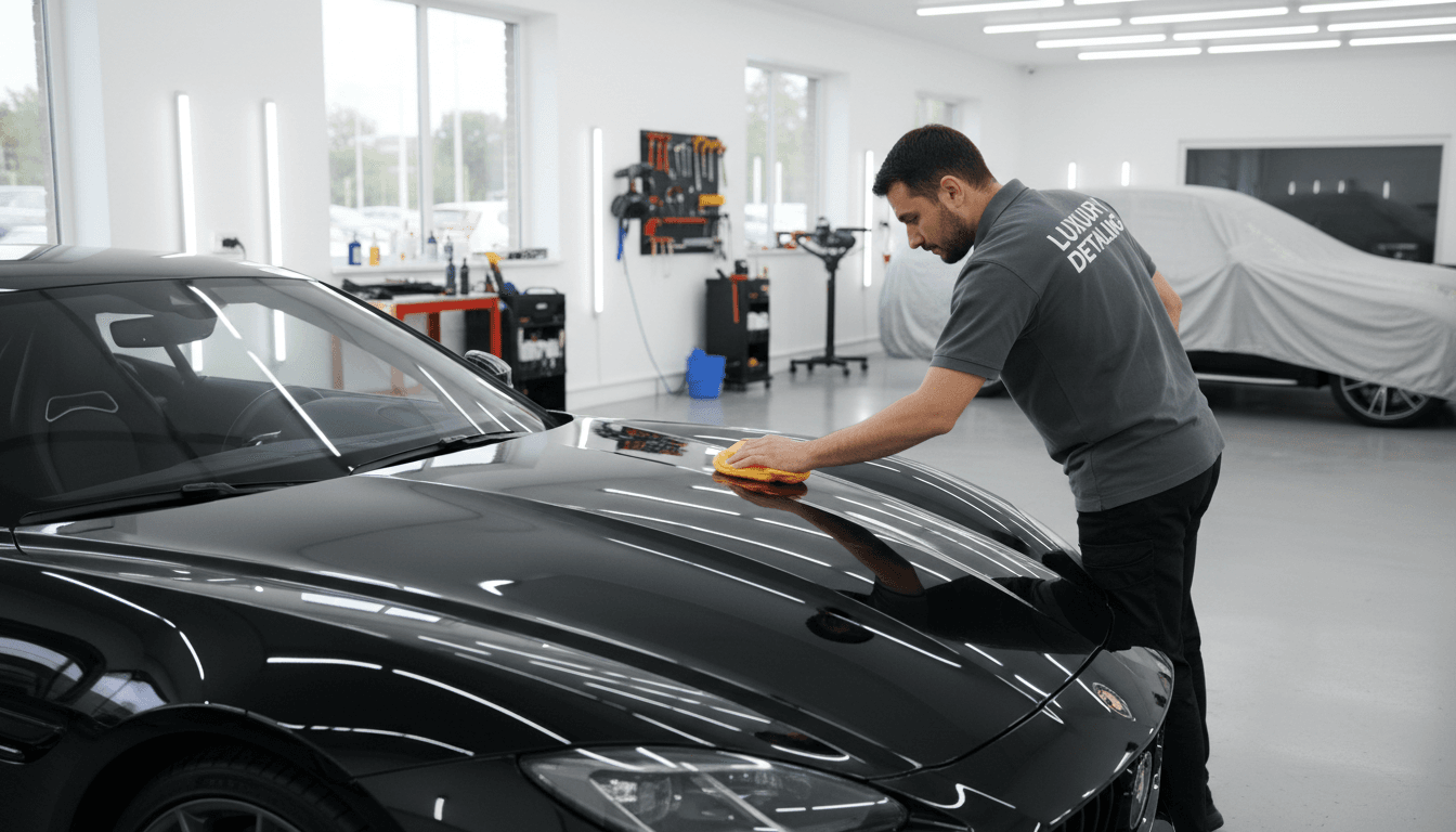Detailer polishing a car's paint by hand in a clean workshop
