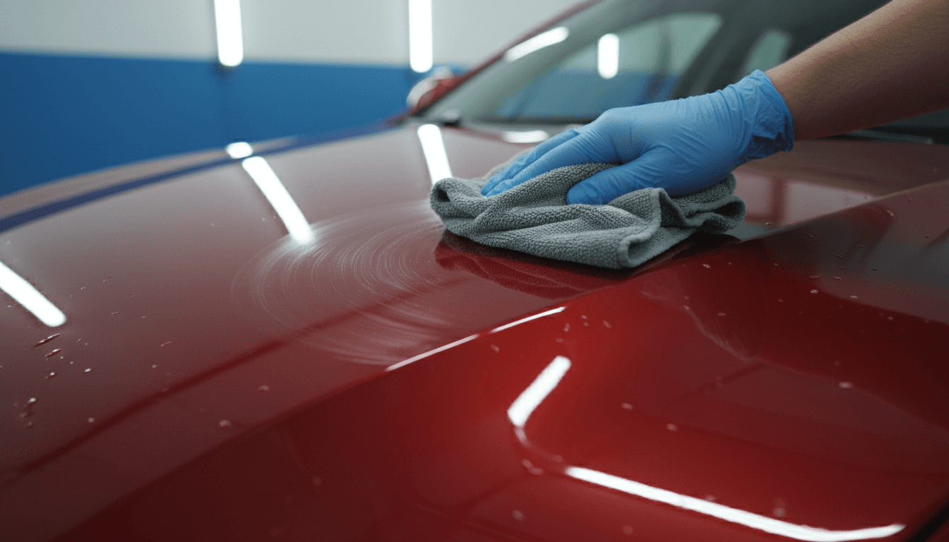 Hand polishing a glossy car finish with a microfiber cloth