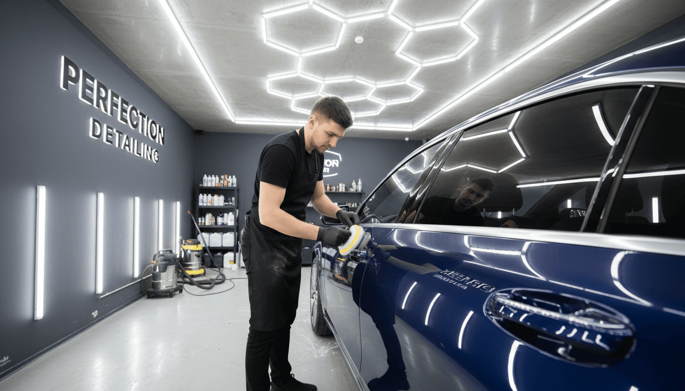 Detailer hand polishing a car door in a bright professional garage