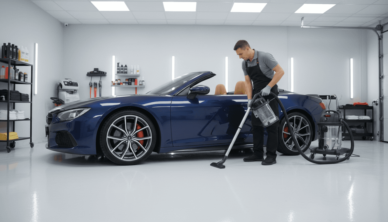 Detailer vacuuming a car seat with a professional vacuum in a clean garage