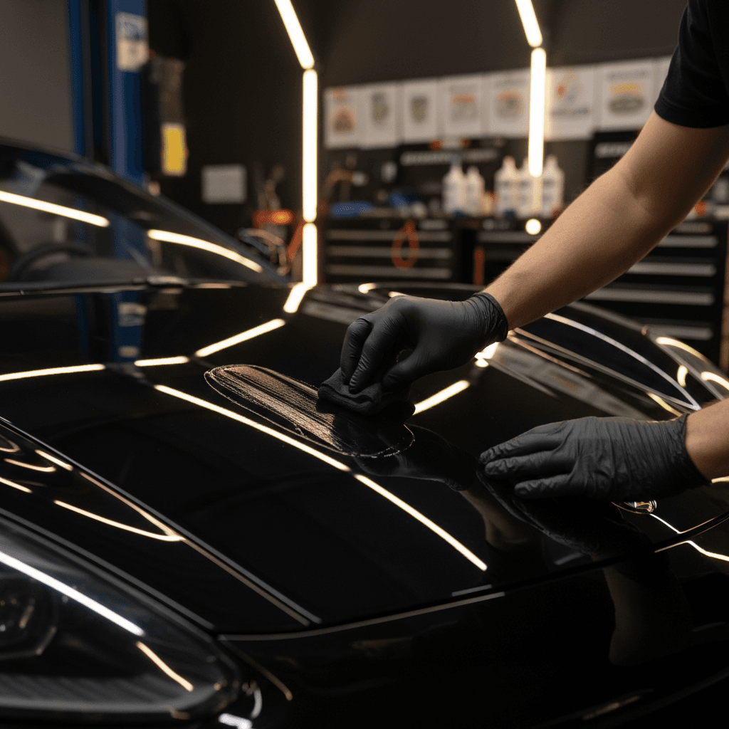 Hand polishing a car door panel