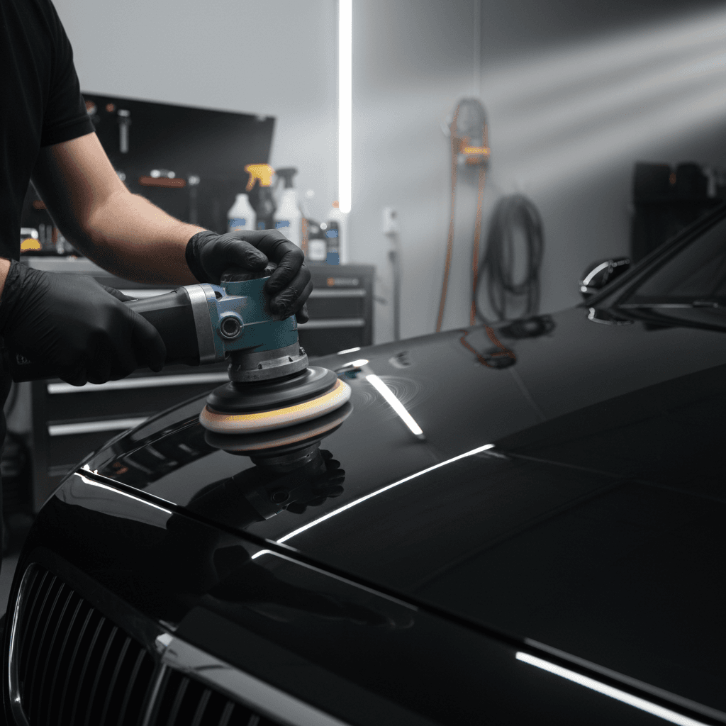 Detailer polishing a dark sedan in a bright garage