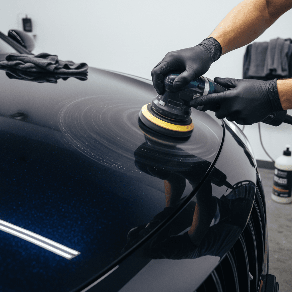 Detailer polishing a car door panel in a clean, bright garage