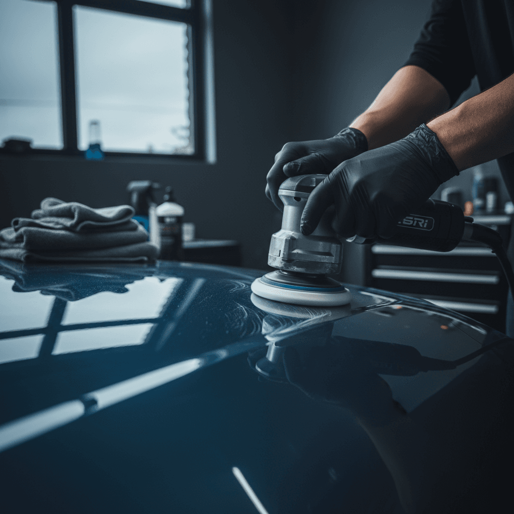 Professional detailer polishing a car's paint in a bright garage