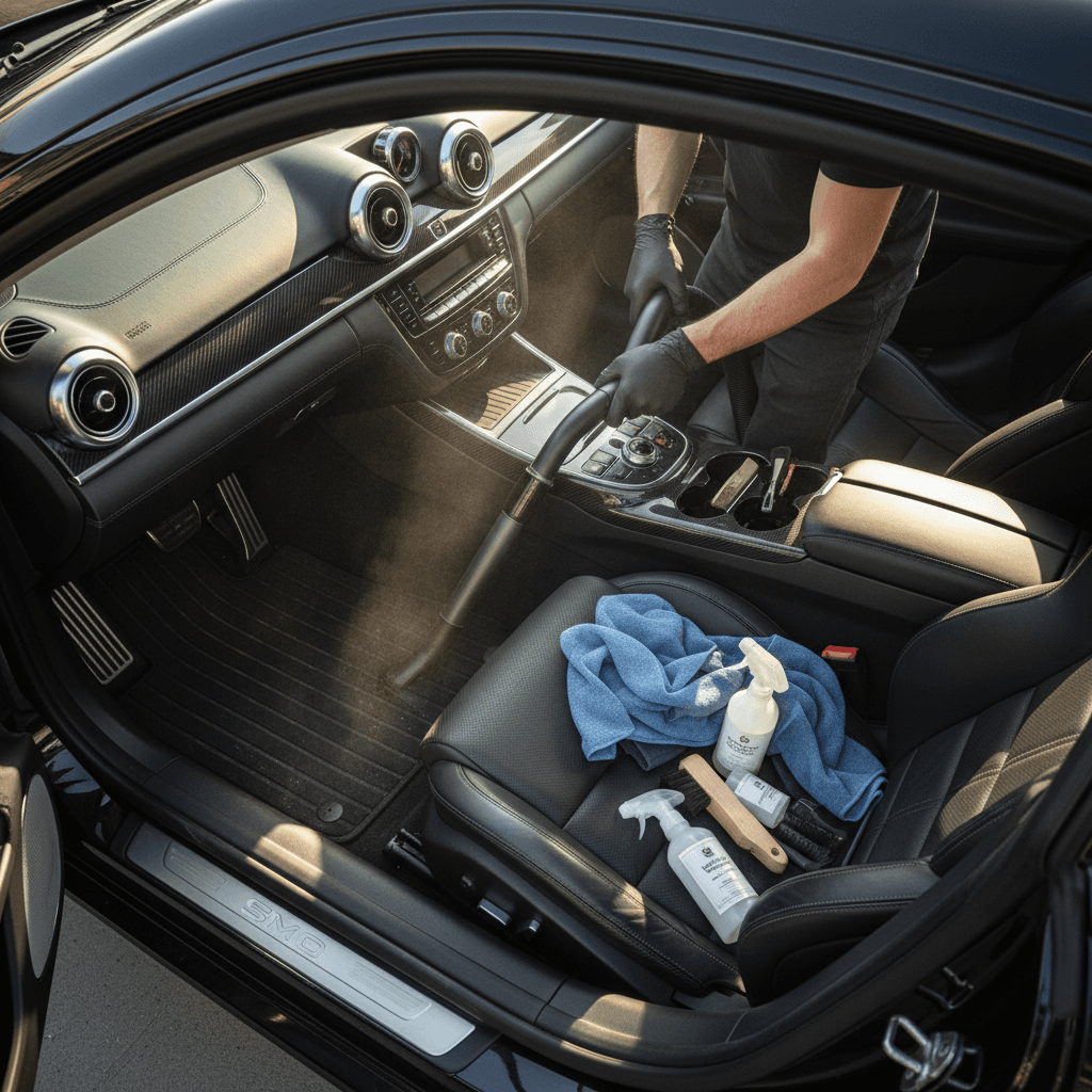 Detailer vacuuming car interior seats with brush in professional auto shop