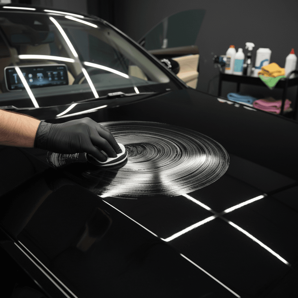 Detailer polishing a dark car hood in a bright garage