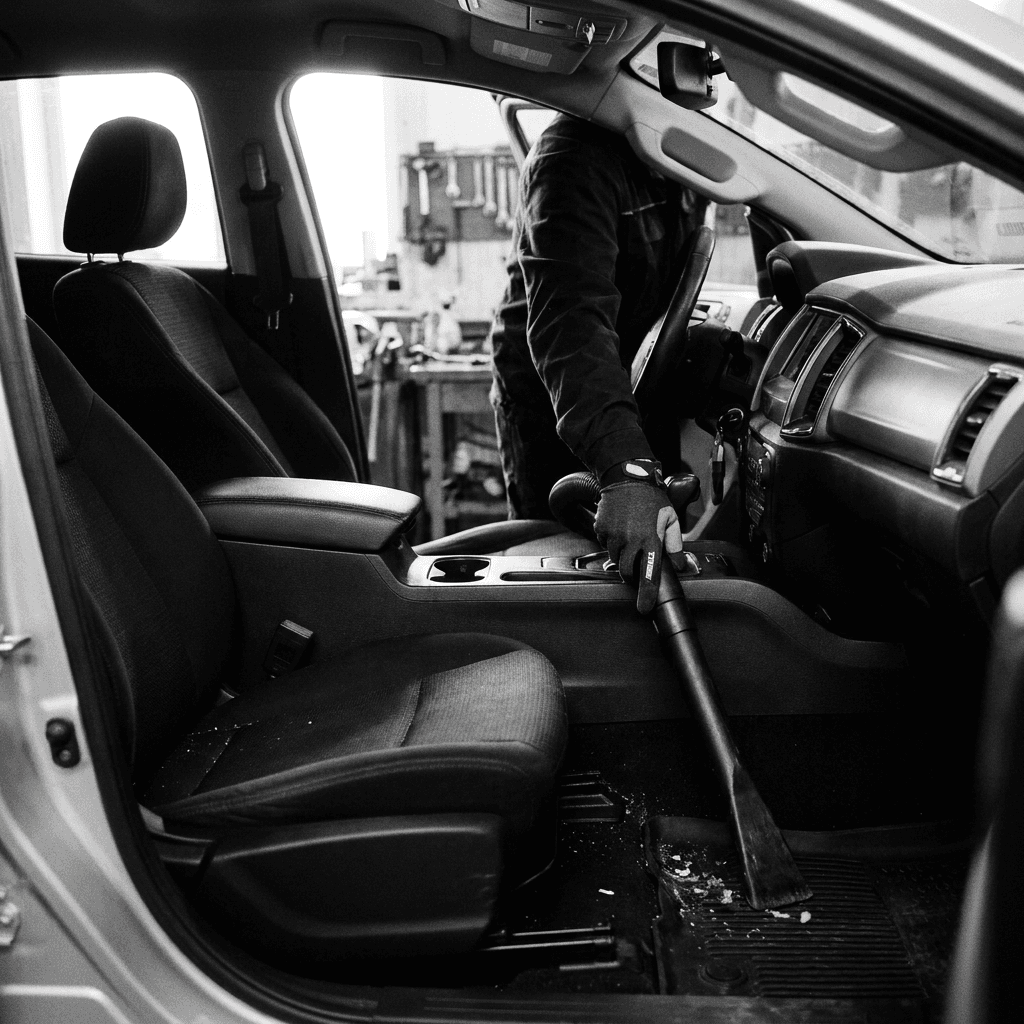 Professional detailer vacuuming a car interior with a brush attachment in a clean garage